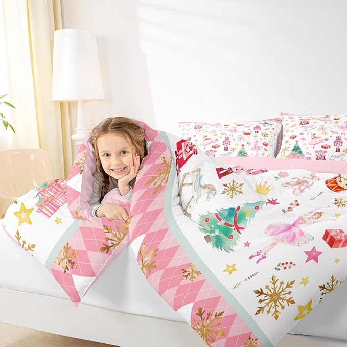 Feelyou Pink Christmas Kids Comforter Set King Size Ballet Nutcracker Bedding Set Snowflake Duvet Quilt for Kids Boys Girls Bedroom Decor Microfiber Ultra Soft Breathable