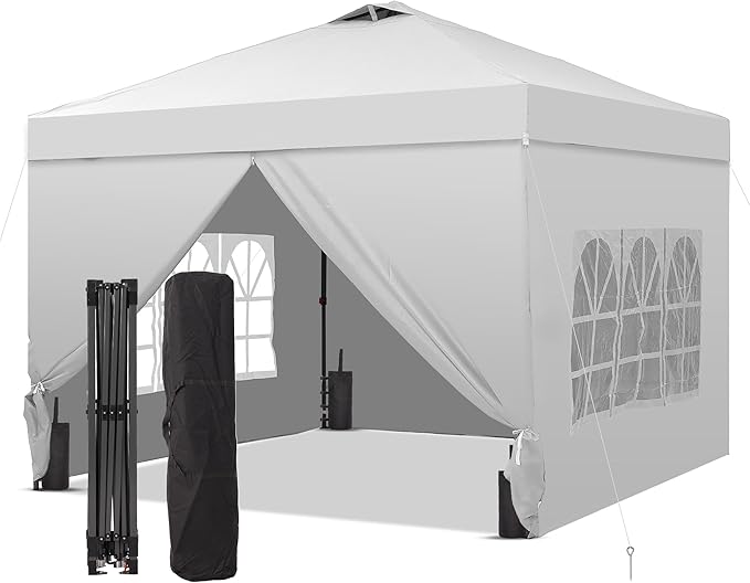 GDY 10x10 Pop Up Canopy Tent with 4 Sidewalls, Easy Set up with One Push Lift Outdoor Silver Coated Beach Gazebos, Carpas with 4 Sandbags, for Pool, Events, Parties, and Camping, White.