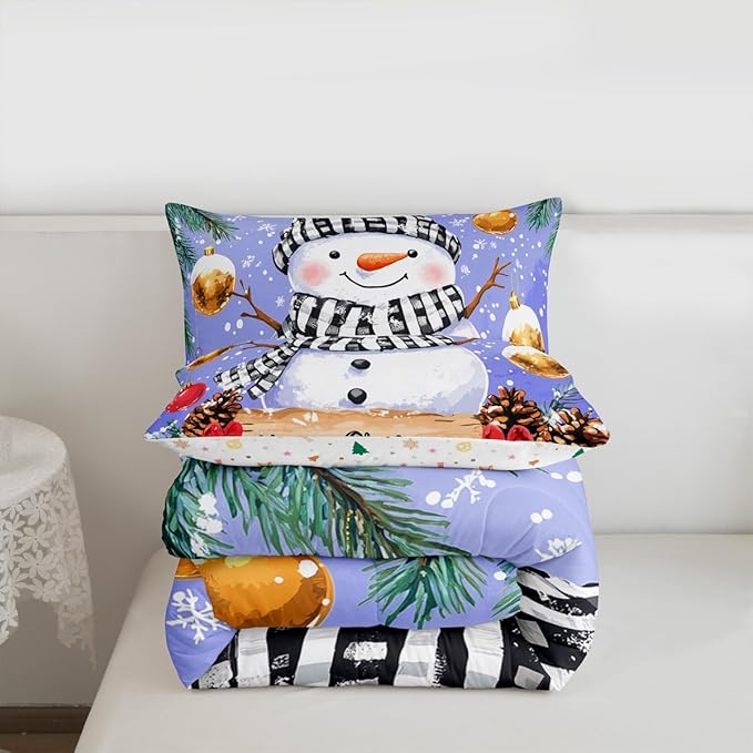 Feelyou Merry Christmas Comforter Set All Season Cute Snowman Bedding Set with 1 Pillow Cases Snowflake Microfiber Kids Toddler Bedclothes Winter Bedroom Decor Duvet Quilt Breathable Soft