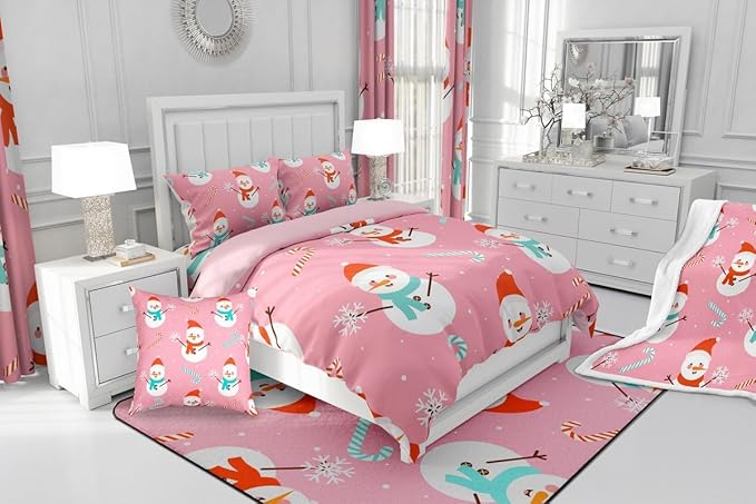 Feelyou Pink Christmas Bedding Set Soft for Boys Girls, Snowman Comforter Set Twin Size Snowflake Duvet Quilt Microfiber Candy Cane Bedroom Decor 2 Pcs with 1 Pillow Cases