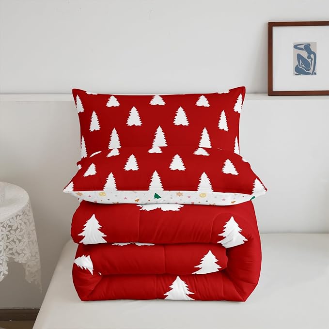 Feelyou Red Christmas Trees Bedding Set for Kids Boys Girls Queen Size Xmas Comforter Set Ultra Soft Winter Comforter Holiday Decor Duvet Quilt Bedroom Decor Christmas Ornaments Quilt