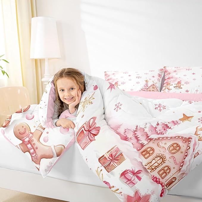 jejeloiu Kids Christmas Theme Comforter Set Full Size Pink Xmas Gingerbread Man Bedding Set for Boys Girls Teens Candy House Snowflake Winter Happy New Year Duvet Quilt Room Decor