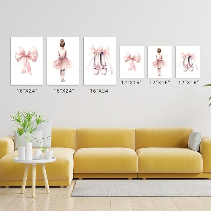 Set of 3 Baby Girl Pink Ballet Nursery Wall Art, Girl's Room Ballet Dancer Posters, Pink Bow Dancing Shoes, Girls Nursery Wall Decor, Toddlers Girl Bedroom Canvas Print, Framed 16"x24"