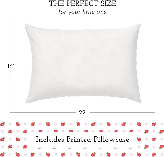Little Sleepy Head Youth Pillow, 16x22, Soft Toddler Pillow, Hypoallergenic Pillow Case - Perfect Kids Travel Pillow (Strawberries)