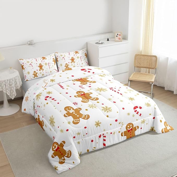 Feelyou Cute Gingerbread Man Comforter Set Twin Size Candy Cane Bedding Set for Kids Boys Girls Golden Snowflake Duvet Quilt Christmas Pattern Bedroom Decor Festive Design 2 Pcs with 1 Pillow Cases