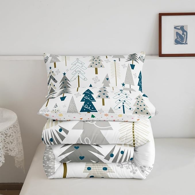Xmas Trees Comforter Set Twin Size,Merry Christmas Pine Hand Drawn Bedding Set for Kids Boys Men,Blue Plant Snowflakes Winter Quilted Duvet Set with 1 Pillowcase