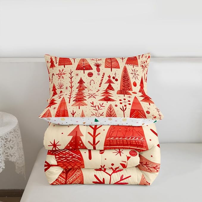 Feelyou Christmas Bedding Set Soft for Boys Girls, Xmas Tree Comforter Set Full Size Snowflake Candy Duvet Quilt Microfiber Pine Tree Bedroom Decor 3 Pcs with 2 Pillow Cases