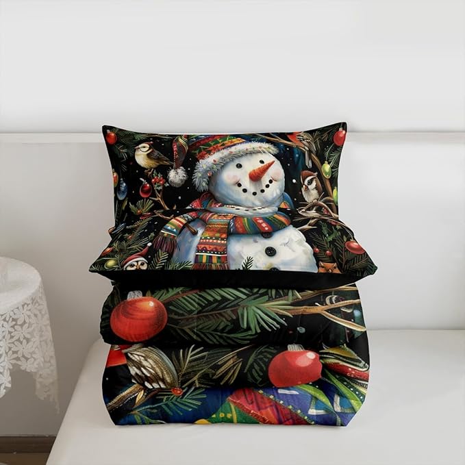 Feelyou Christmas Bedding Set Soft for Boys Girls, Holiday Snowman Birds Comforter Set Full Size Xmas Owl Branch Berry Duvet Quilt Microfiber Snowflake Bedroom Decor 3 Pcs with 2 Pillow Cases