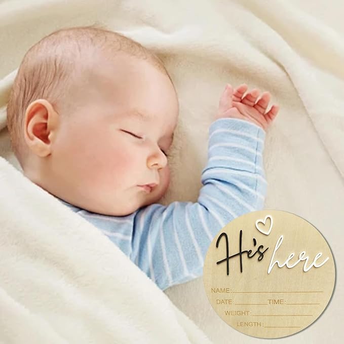 Baby Announcement Sign, 5.9 Inch Wooden Hello World Newborn Signs, Birth Announcement Sign, Gender Reveal Signs, He's here Decoration, Welcome Newborn Arrival To World, Hospital Nursery for Baby (Black He's)