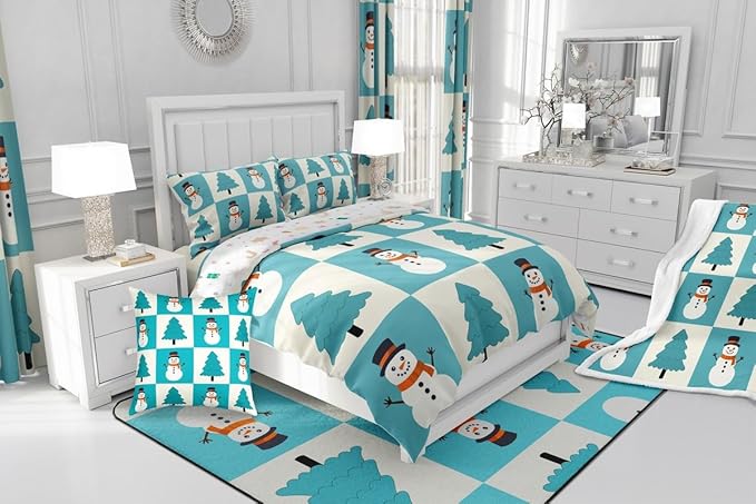 Feelyou Merry Christmas Comforter Set All Season Snowman Bedding Set with 1 Pillow Cases Xmas Tree Microfiber Kids Toddler Bedclothes Bedroom Decor Duvet Quilt Breathable Soft Lightweight
