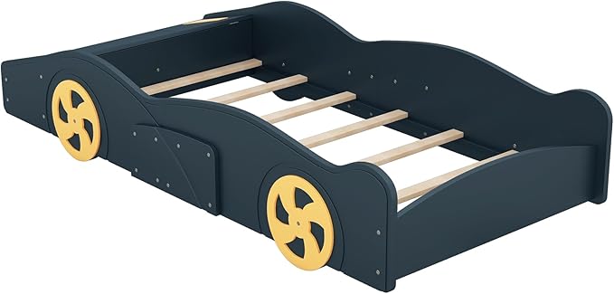 Harper & Bright Designs Twin Size Race Car-Shaped Platform Bed with Wheels and Storage, Dark Blue+Yellow