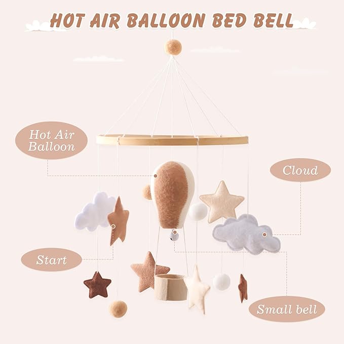 Baby Mobile for Crib, Baby Crib Mobile for Boys Girls, Baby Mobile for Bassinet, Boho Nursery Mobile, Nursery Decor Theme for Infant Bedroom Hanging, Gender Neutral Baby Gift (Hot Air Balloon)