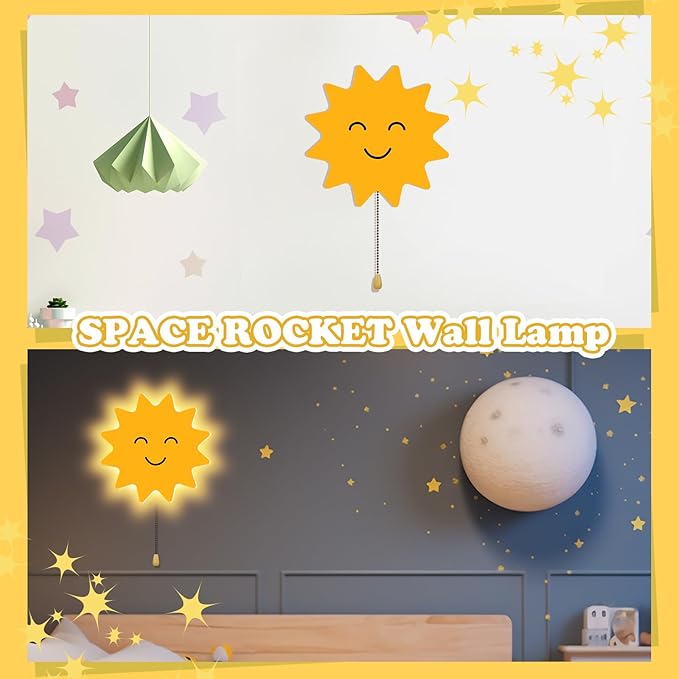 Sun Night Light Wall Lamp Sleeping Nursery Lighting Cute Floating Battery Operated Hanging Lamp for Baby Boys Girls Bedroom Room Nursery Wall Decorations