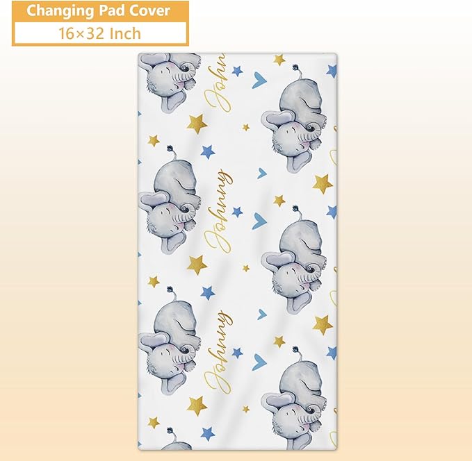 Custom Baby Crib Bedding Set, 5 Pcs Personalized Name Baby Crib Sets for Infant Toddler, Blue Elephant Nursery Bedding Set for Boy Girl, Double Layer Flannel Baby Bedding Sets Customized Gifts