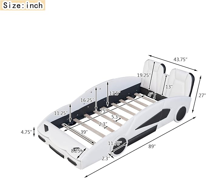 Harper & Bright Designs Twin Size Race Car-Shaped Platform Bed with Wheels, White