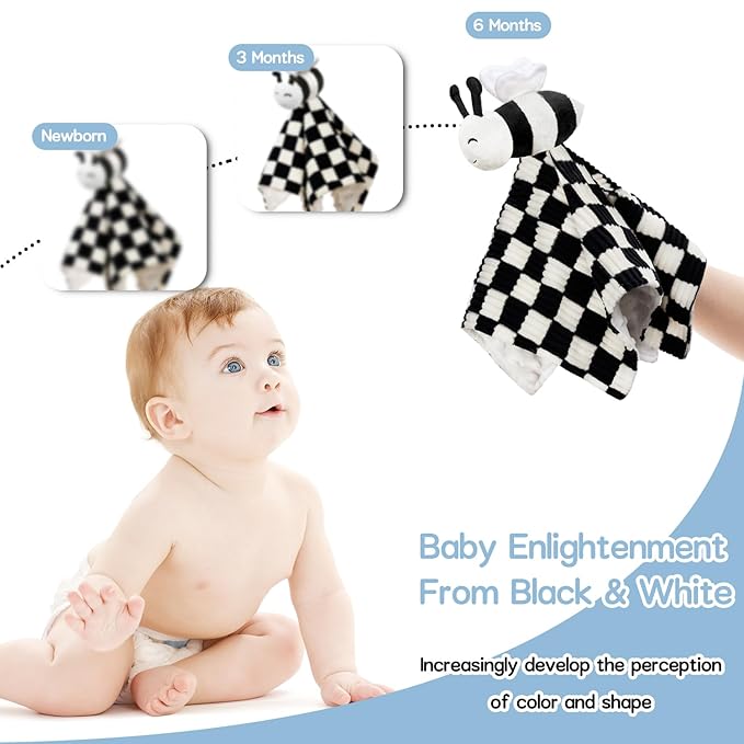 High Contrast Baby Security Blanket for Boys Girls 3D Soft Checkerboard Gingham with Minky Dot Fabric Backing Bee Snuggle Stuffed Animal Lovely Black 14 Inch