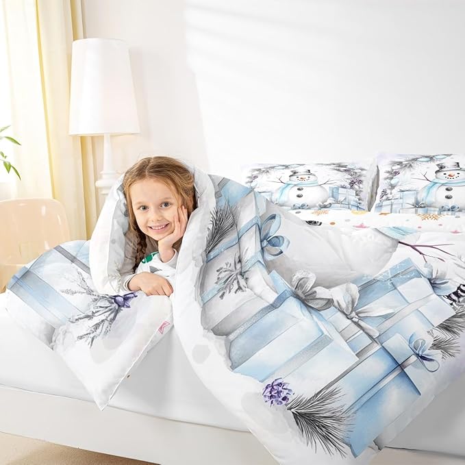 Feelyou Merry Christmas Kids Comforter Set Toddler Size Cute Snowman Bedding Set Duvet Quilt for Kids Boys Girls Bedroom Snowflake Decor Microfiber Ultra Soft Breathable