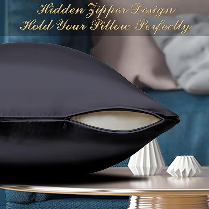 100% Mulberry Silk Pillowcase 2 Pack for Hair and Skin,with Hidden Zipper,Both Sides 22 Momme Natural Silk Pillow Cover,Soft Breathable & Smooth (Black, Queen)