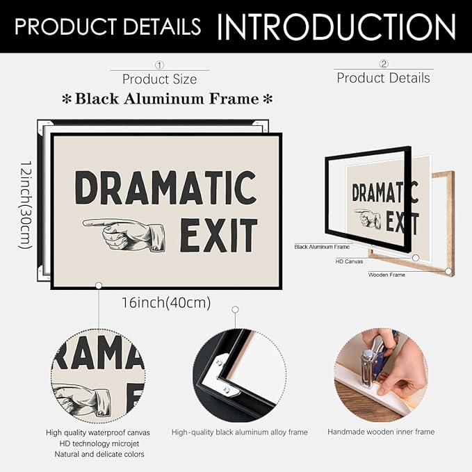 Black and White Dramatic Exit Wall Art Funny Quote Poster 12x16 inch Black Framed Trendy FunMinimalist Typography Canvas Prints For Home Office and Hallway Wall Decor