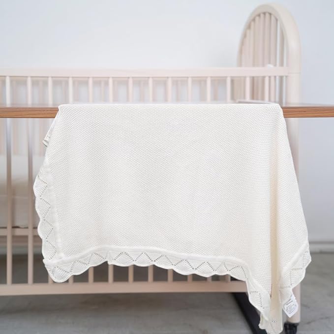 Baby Knit Blanket Soft Breathable Cotton Scallop Border Blankets Newborn Knitted Blanket Swaddle Blankets Gifts for Baby Newborn Toddler Shower Boy Girl New Mom Birthday Christmas White 30x30