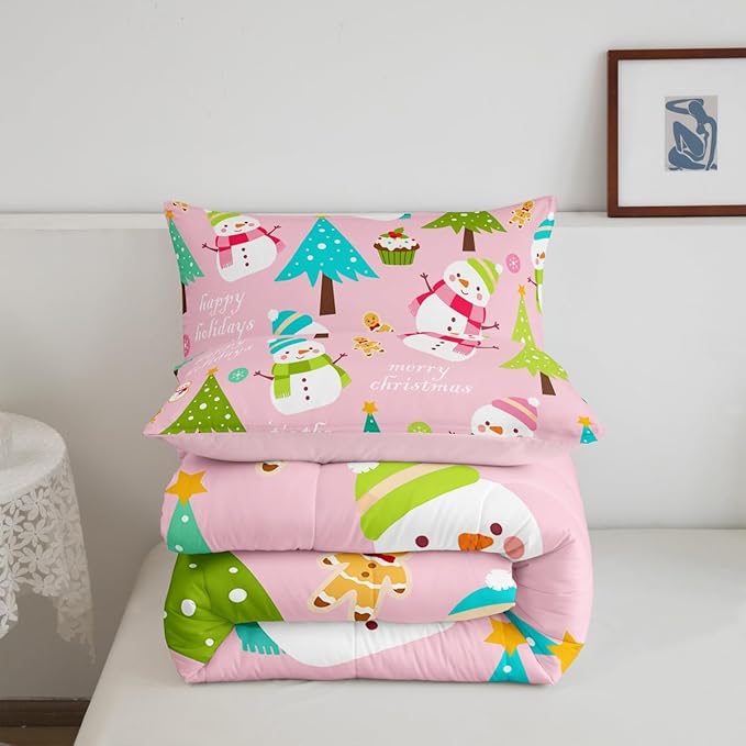 Erosebridal Merry Christmas Comforter Set for Kids,Pink Xmas Decor Bedding Set Toddler Size,Cartoon Snowman Quilts Christmas Tree Down Comforter for Girls Boys Teens Bedroom Decor
