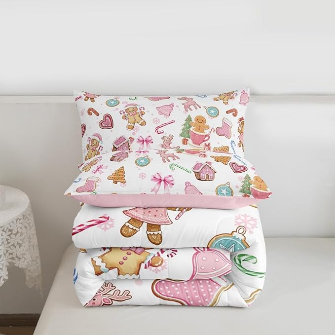 Cute Bow Tie Girls Bedding Set Twin Size,Pine Tree Merry Christmas Elk Deer Comforter Set,Bowknot Gingerbread Man Snowflake Quilt Comforter Teens,Pink White Colorful Room Decor All Season,1 Pillowcase
