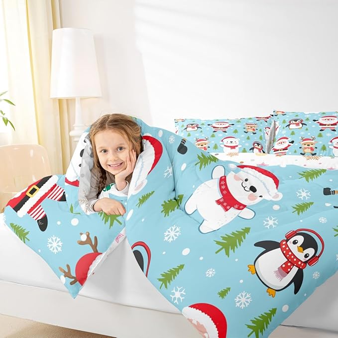 Feelyou Christmas Comforter Set Toddler Size Santa Claus Bedding Set for Kids Boys Girls Penguin Deer Duvet Quilt Xmas Snowflake Tree Bedroom Decor Microfiber 2 Pcs with 1 Pillow Cases
