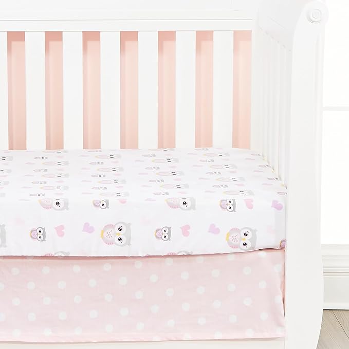 EVERYDAY KIDS 4 Piece Girls Crib Bedding Set - Owls - Soft 100% Cotton Percale - Includes Quilt, Fitted Sheet, Dust Ruffle and Diaper Stacker - Nursery Bedding Set - Baby Crib Bedding Set