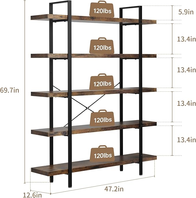 5 Tier Bookcase, 47 Inch Wide Wood Bookshelf, 120lbs Shelf Capacity Estante, Rustic Open Shelving Industrial Display with Reinforced Horizontal Brown Shelves for Living Room Bedroom Office
