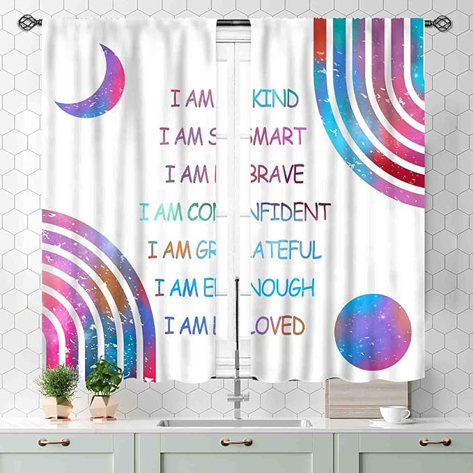 Rainbow Curtains for Girls Bedroom, Boho Rianbow Quotes Inspirational Motivational Positive Colorful Pastel Green Window Drapery for Baby Kids Living Room Toddler Nursery Classroom, 42"x54" Inch