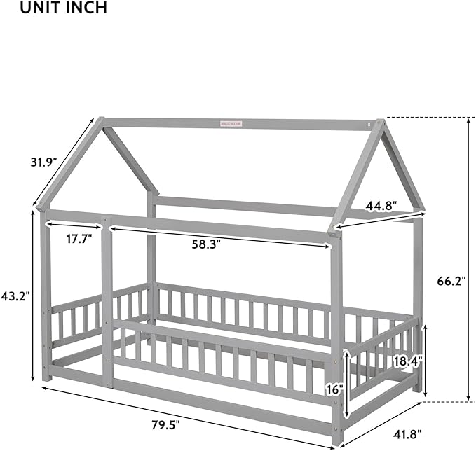 LLS Twin Floor Bed Frame with Roof, Wooden Montessori Bed with Fence, House Bed for Boys Girls Bedroom, Gray