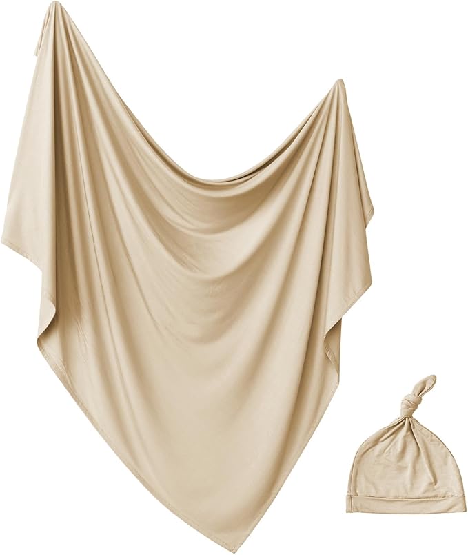 Newborn Swaddle Blanket with Hat Set Baby Swaddle Set Hospital Receiving Blankets for Girls Boys(Khaki)