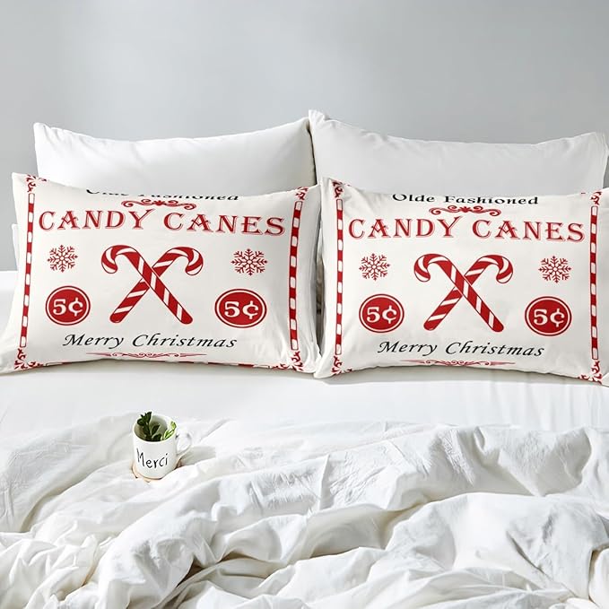jejeloiu Christmas Bedding Set for Kids Boys Girls Christmas Quote Comforter Cover Set King Size Candy Canes Print Duvet Cover Bedroom Decor Xmas White Bedspread Cover Bedding Collection 3Pcs
