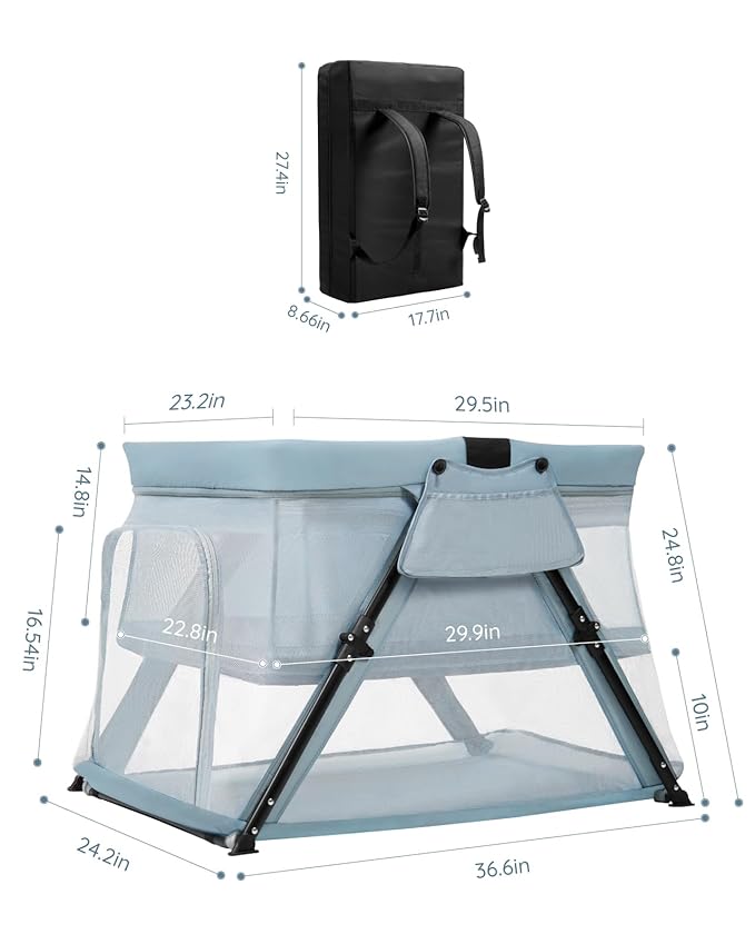 Lilian&Gema 2-in-1 Travel Crib, Portable & Foldable Crib with Backpack, Lightweight Baby Travel Playpen with Thick Mattress for Babies & Toddlers, Baby Travel Essential