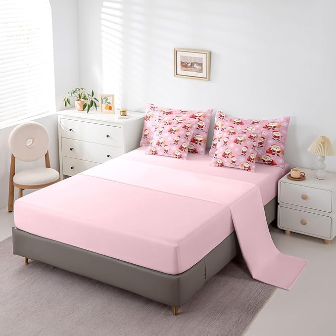 Erosebridal 7Pcs Cute Santa Claus Comforter Set King Size,Xmas Gingerbread Bedding Set for Kids Boys Girls,Christmas Snowboard Snowflake Bed in A Bag,Pink Christmas Quilt with Flat Fitted Sheet