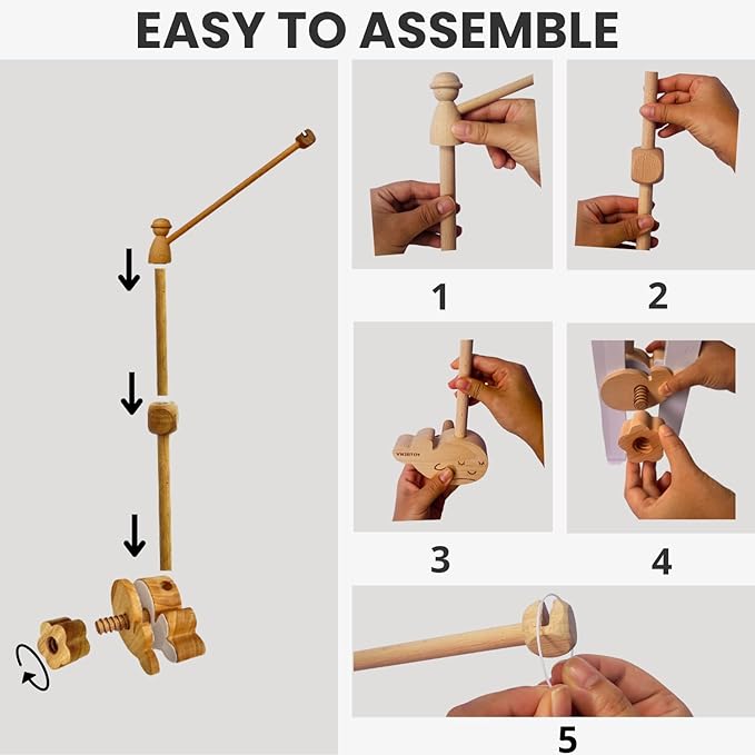 Baby Mobile for Crib, Adjustable Wooden Arm Holder, Easy Install Nursery Accessory, Natural Gift for Newborn and Parents