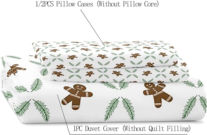LUVIVIHOME 3PCS Gingerbread Man Duvet Cover Queen Bedding Sets, White Duvet Cover, Teens Boys Girls Kids Bedding, Green Plant Pine Picks Leaves Winter Holiday Christmas Comforter Cover, 2 Pillow Shams