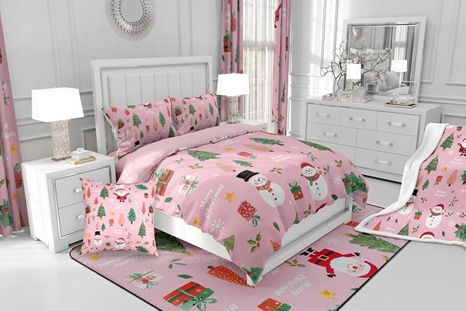 Feelyou Pink Christmas Comforter Set Twin Size Snowman Bedding Set for Kids Boys Girls Xmas Tree Duvet Quilt Bedroom Decor Microfiber 2 Pcs with 1 Pillow Cases