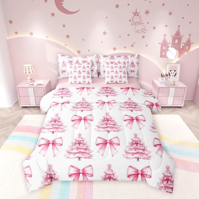 Manfei 7 Pieces Pink Bowknot Kids Comforter Full,Christmas Trees Pine Bow Tie Toddler Bedding Set,Merry Christmas Happy New Year Xmas（Comforter+Fitted+Flat Sheet+2 Pillowcases+2 Throw Pillow Covers）