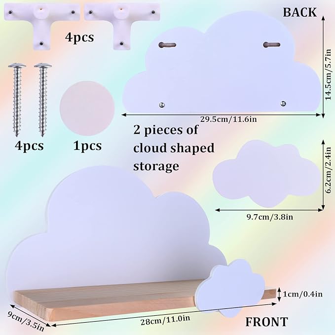 2Pcs Cloud Shelves for Children's Nursery Or Bedroom, Kids Nursery Room Shelves, Floating Bedroom Baby Book Shelf Storage Shelf, Cloud Floating Wooden Shelf Wall Decoration, White