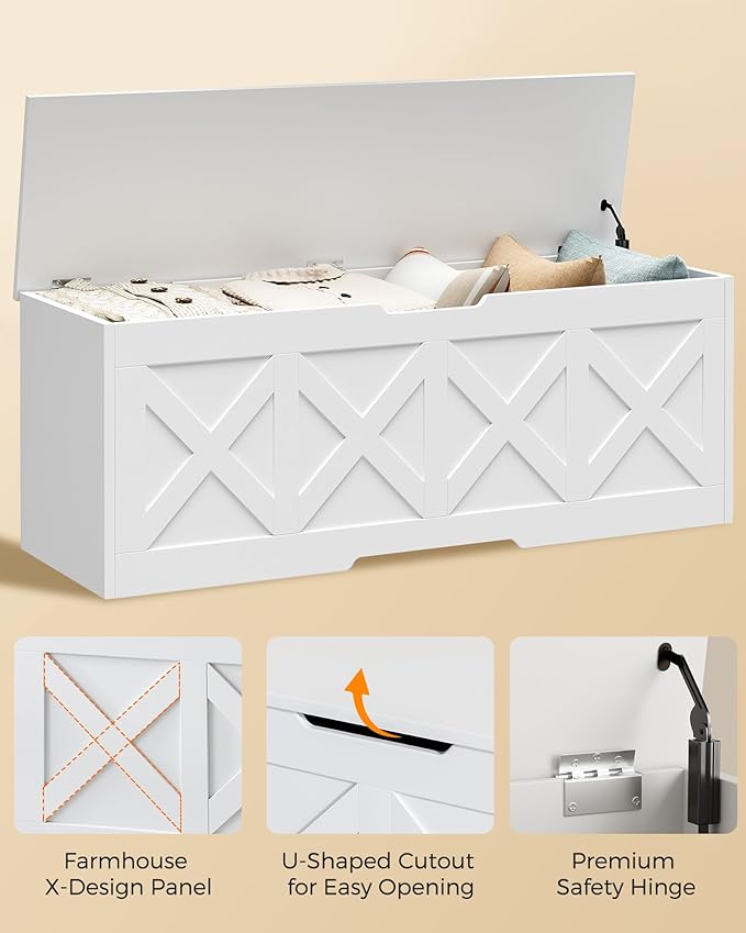 47.2" Extra-Large Wooden Storage Chest – Farmhouse Toy Box, Entryway Bench, Bedroom Storage, Safety Hinge, Easy Assembly, White