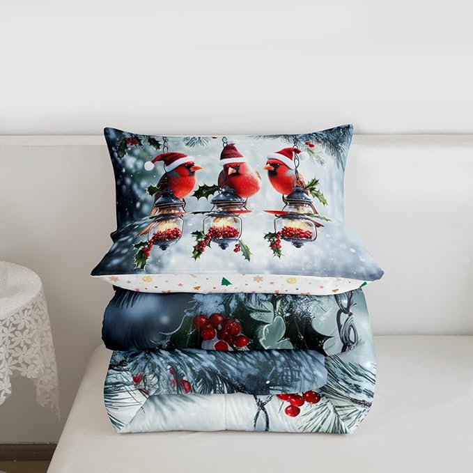 Feelyou Merry Christmas Comforter Set All Season Robin Bird Bedding Set with 2 Pillow Cases Snowflake Microfiber Kids King Bedclothes Winter Bedroom Decor Duvet Quilt Breathable Soft Lightweight