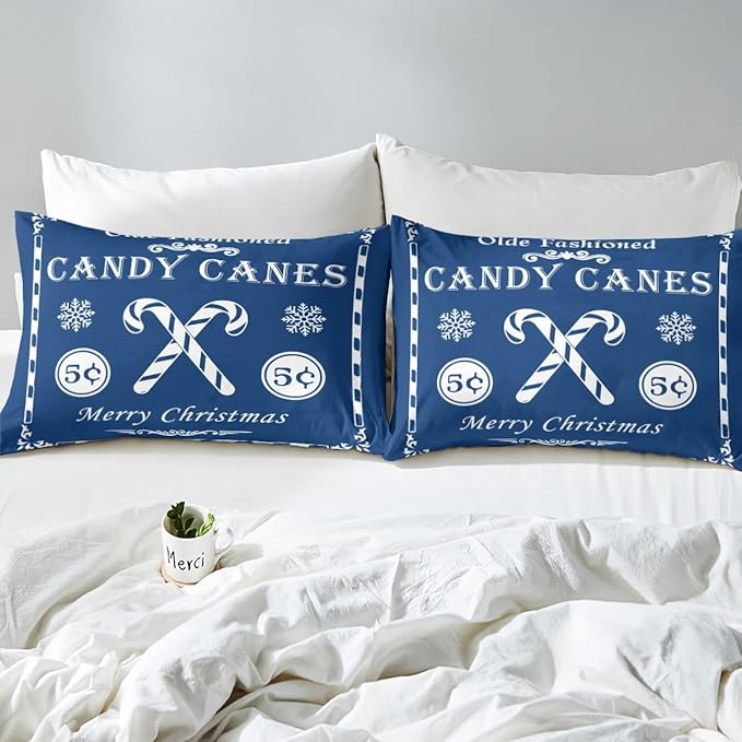 jejeloiu Christmas Bedding Set Twin Size Kids Christmas Quote Comforter Cover Set for Boys Girls Teens Candy Canes Print Duvet Cover Xmas Bedspread Cover Room Decorations Blue Quilt Cover