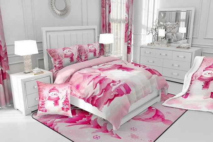 Feelyou Pink Christmas Comforter Set Toddler Size Snowman Bedding Set for Kids Boys Girls Cute Snowflake Duvet Quilt Merry Christmas Tree and Snowman Room Decor 2 Pcs with 1 Pillow Cases