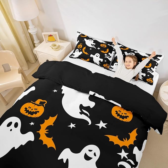 Halloween Bedding Duvet Cover Set Kids Cartoon Ghost Pumpkin Lantern Bedding Set Kids Trick or Treat Decor Comforter Cover Set Microfiber Bat Galaxy Night Bedspread Cover Bedroom Bedclothes Twin Size
