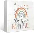 Mtrgdn Boho Rainbow Classroom Desk Decor,This Is Our Happy Place Wooden Box Sign for Nursery Playroom Classroom Homeschool Library Kids Room Desk Shelf Decoration,5x5 Inch