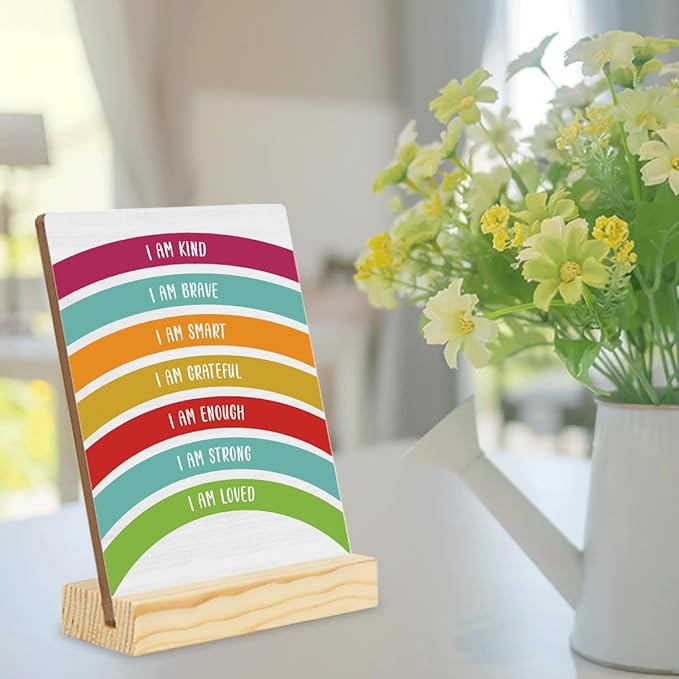 Inspirational Quote Wood Plaque Signs Motivational Quotes Gift I Am Kind Smart Brave Positive Affirmations Boho Rainbow Desktop Sign Desk Decor for Home Office 5×4 Inches Encourage planks2003