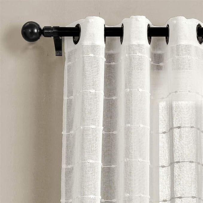Lush Decor Farmhouse Textured Grommet Sheer Window Curtain Panel Pair, 38"W x 84"L, White