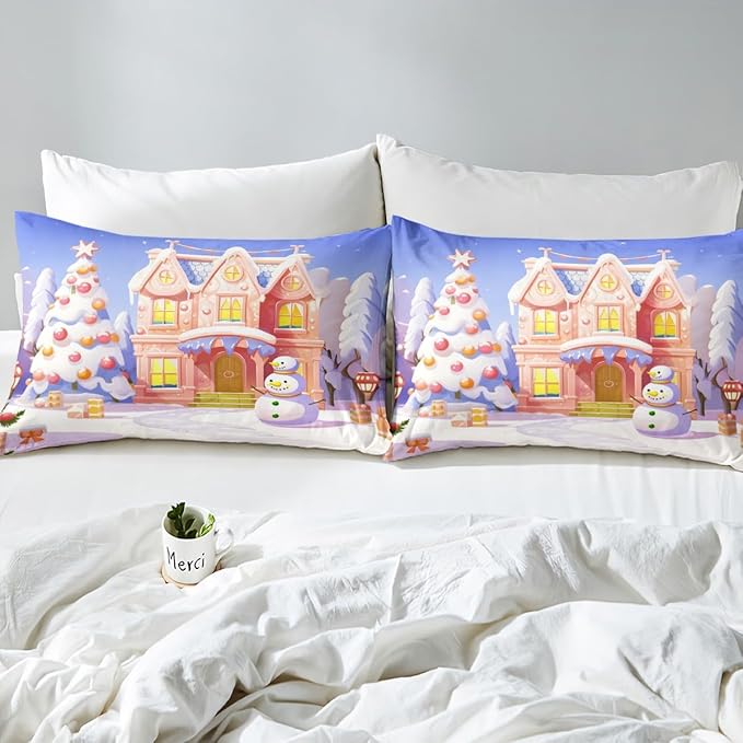 Feelyou Xmas Christmas Comforter Cover Set Christmas House Duvet Cover for Kids Boys Girls Bedroom Bed Decor Christmas Bedding Set Full Size Soft Bedspread Cover,No Comforter