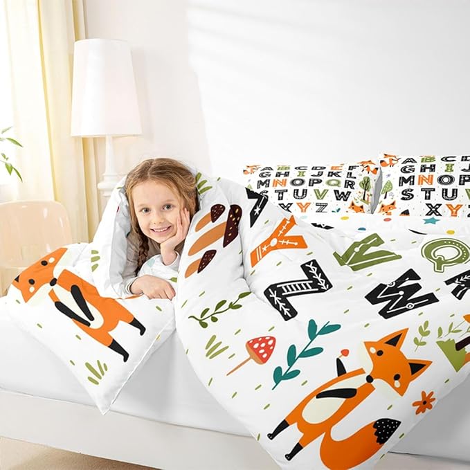 Feelyou Educational Nursery Art Comforter Set Queen Size Alphabet Kids ABC Learning Bedding Set for Kids Boys Girls Cute Fox Duvet Quilt Woodland Animals Bedroom Decor 3 Pcs with 2 Pillow Cases